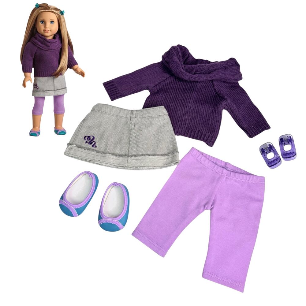 American Girl McKenna School Outfit Doll Sweater Skirt Shoes Leggings Hair Clips